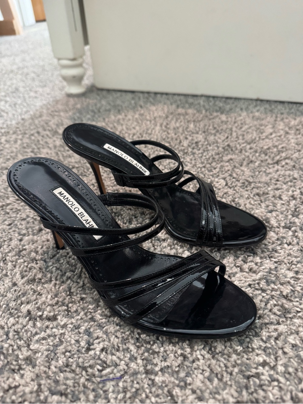 Manolo Blahnik Black Patent Strappy Mule Heels